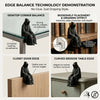Demonstration of edge balance technology showing various applications like desktop corner, bookshelf placement, and table edg