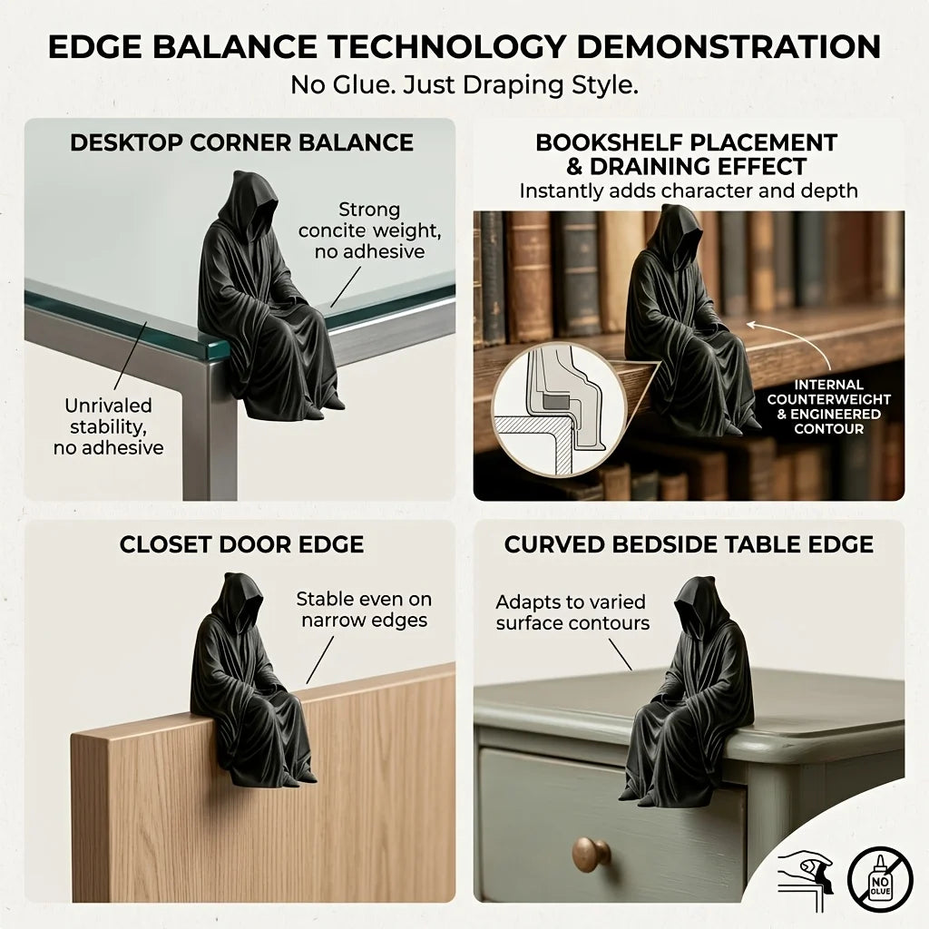 Demonstration of edge balance technology showing various applications like desktop corner, bookshelf placement, and table edg