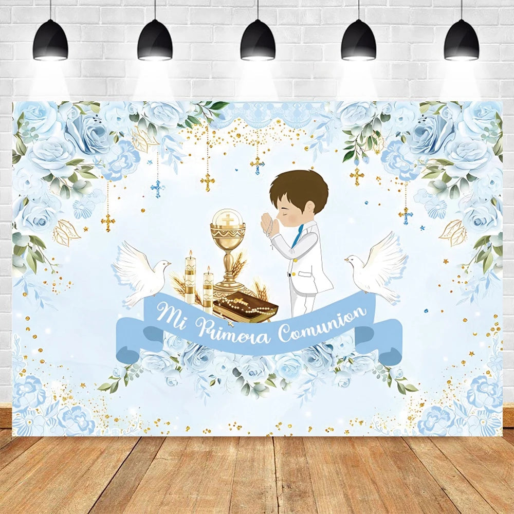 A light blue floral backdrop featuring a boy in a white shirt celebrating his first communion.