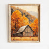 Oil painting of an old wooden barn set against a backdrop of vibrant autumn foliage and rolling hills.