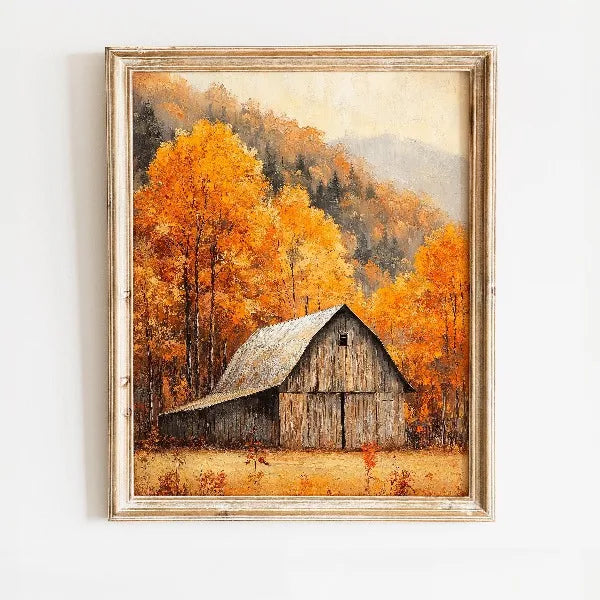 Oil painting of an old wooden barn set against a backdrop of vibrant autumn foliage and rolling hills.