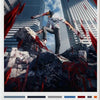 Chainsaw Man anime canvas wall art featuring a character amidst destruction and blood splatter.