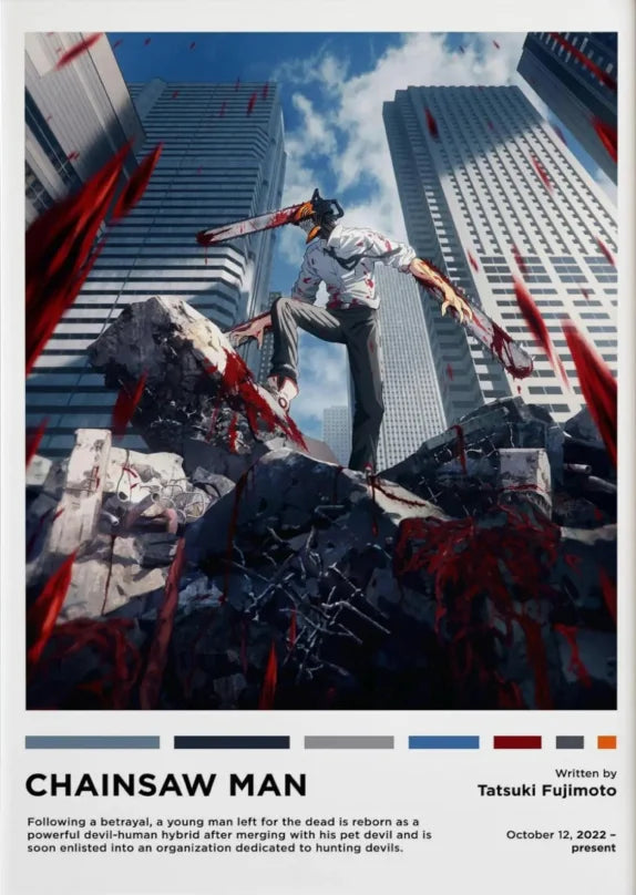 Chainsaw Man anime canvas wall art featuring a character amidst destruction and blood splatter.