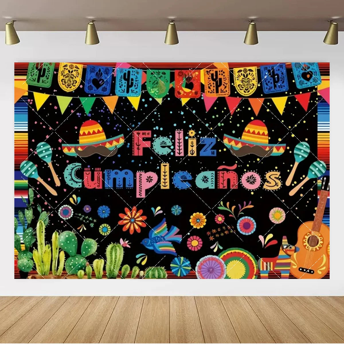 A vibrant Mexican carnival theme backdrop banner featuring colorful paper fans and festive decorations against a black backgr