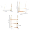 Rustic wooden hanging shelves with rope featuring three tiers and natural wood finish.
