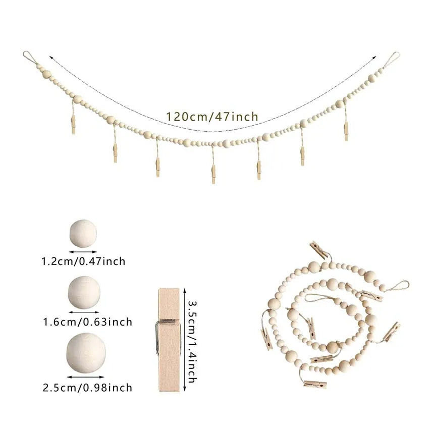 A string of light beige wooden beads used as a Nordic style photo display garland.