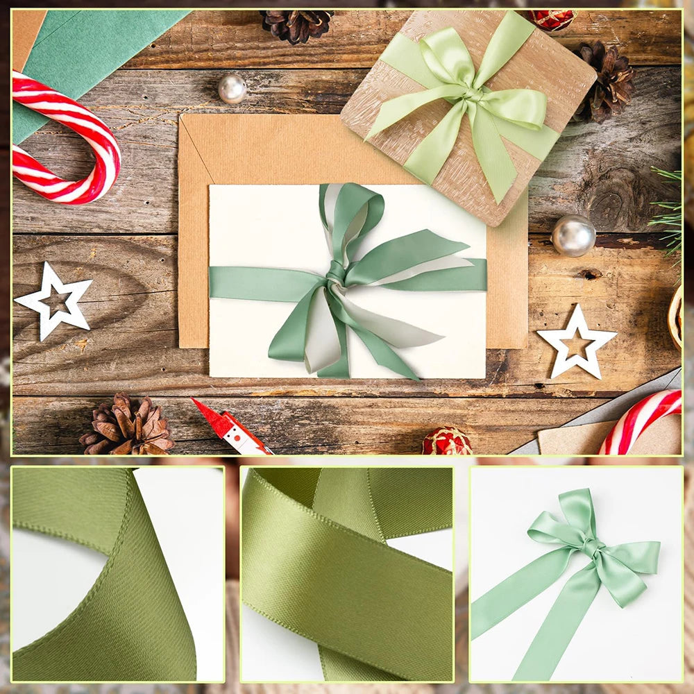 A collection of light green satin silk ribbons tied in bows and decorative elements on a rustic wooden background.