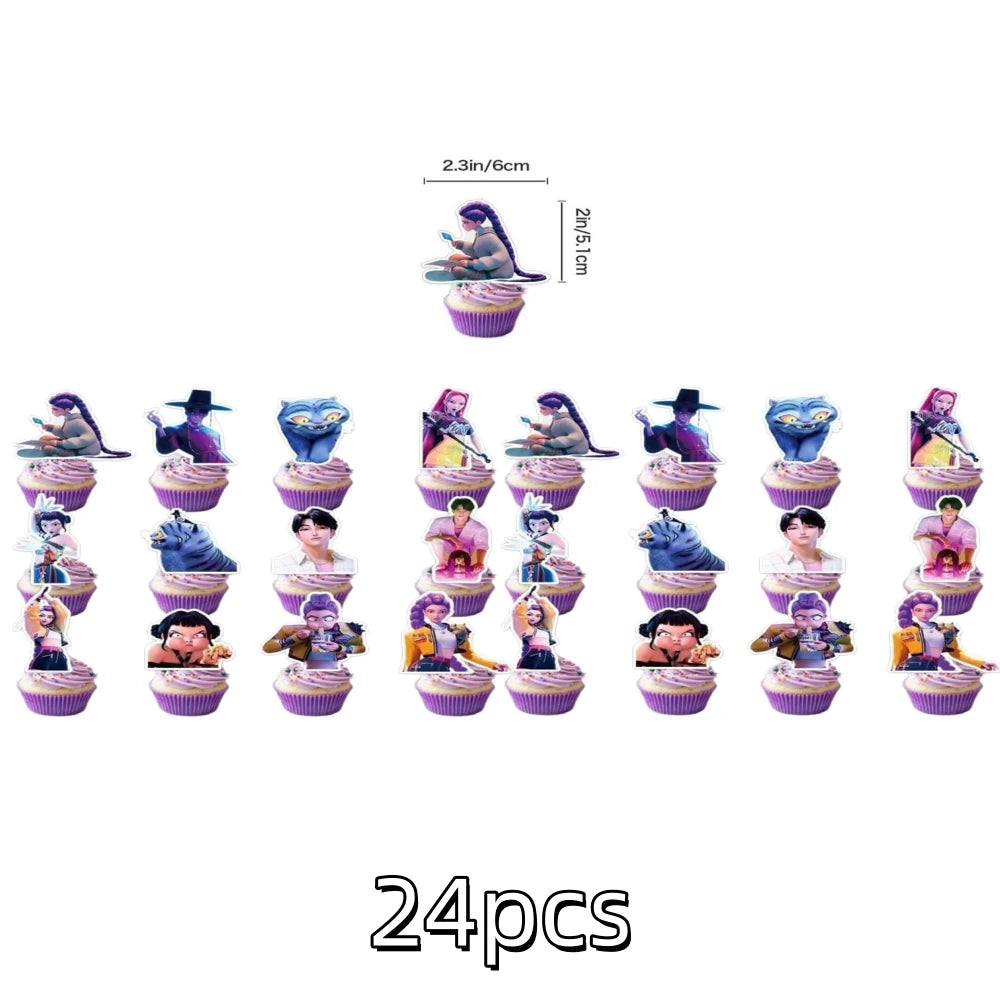 A set of 24 anime hunter girl cake toppers featuring various characters in different poses and colors.