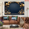 A dark blue and gold floral backdrop banner featuring balloons and foliage for an event.