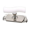 Stainless steel multi-function bottle cap opener with a white lever.
