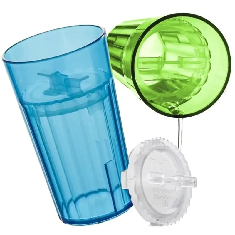 A clear blue plastic training cup and a translucent green plastic training cup are shown.