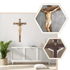 A hand-painted resin cross statue with Jesus on the cross displayed in a hexagonal frame.