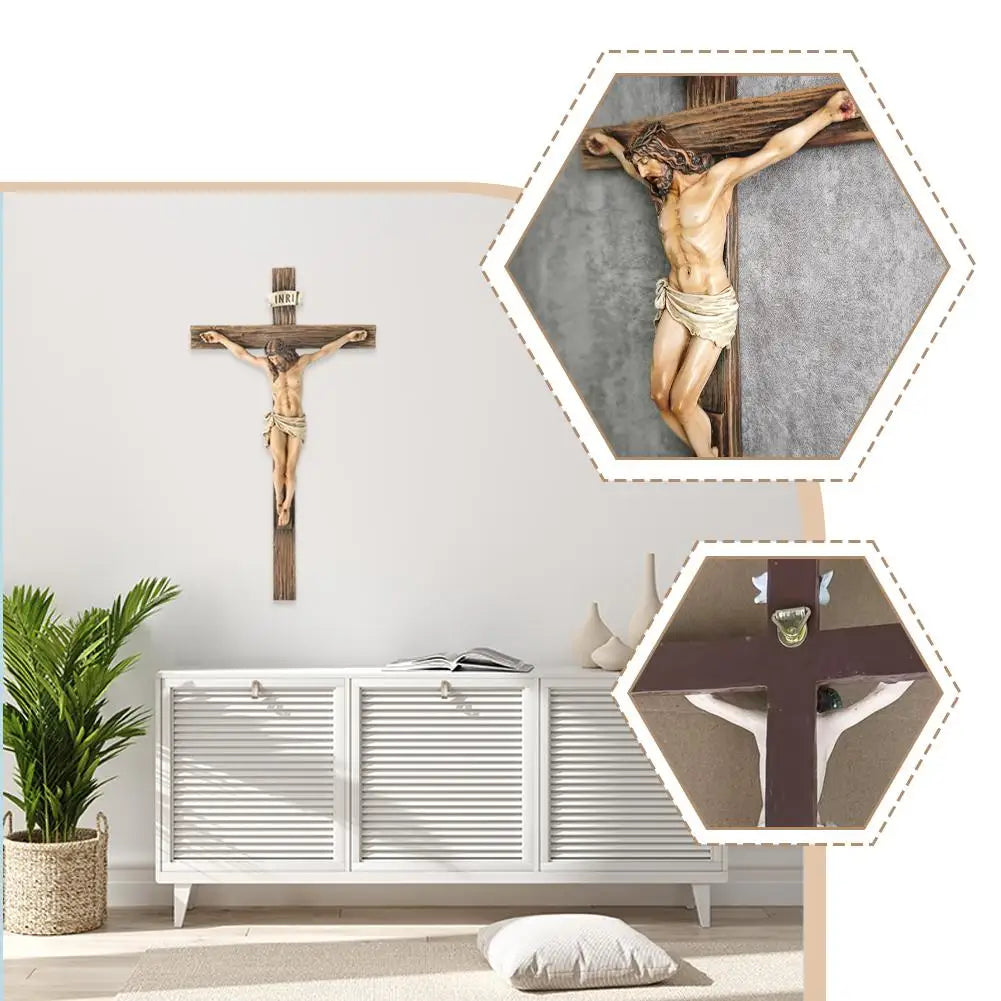 A hand-painted resin cross statue with Jesus on the cross displayed in a hexagonal frame.