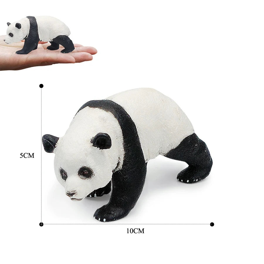 A realistic panda figurine showing a black and white bear in a standing pose, with a scale reference.