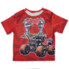 Red Monster Jam Grave Digger kids t-shirt featuring a full print graphic of the vehicle and zombies