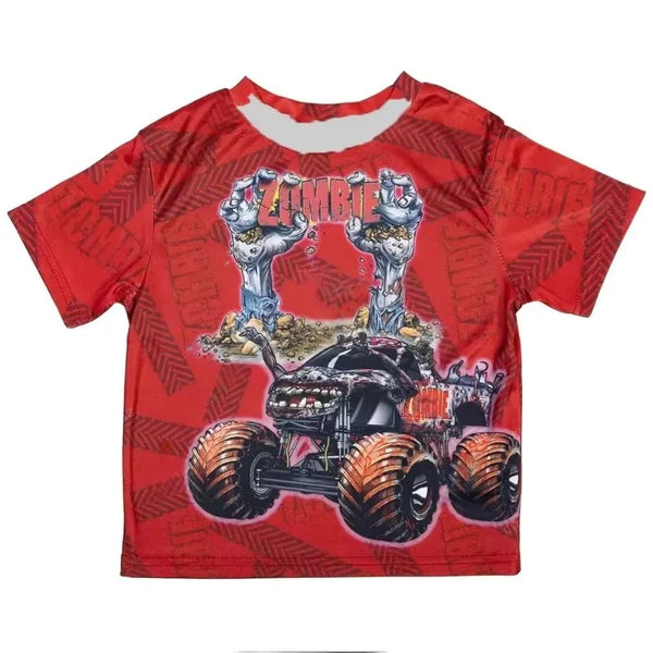 Red Monster Jam Grave Digger kids t-shirt featuring a full print graphic of the vehicle and zombies