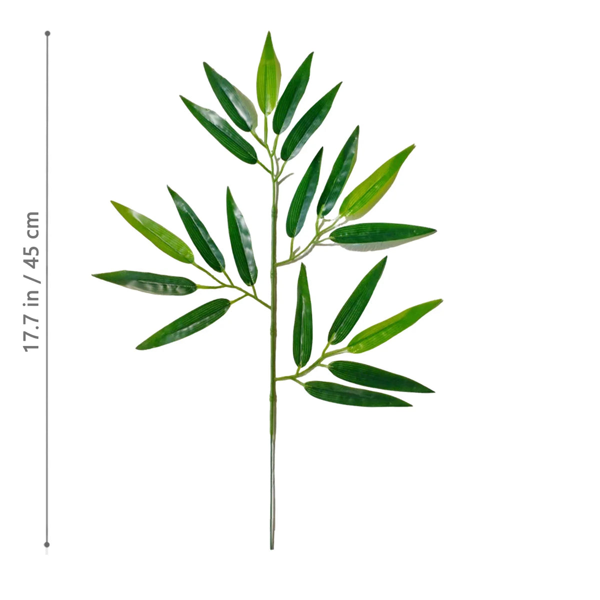 Artificial bamboo branch with green leaves shown against a white background.