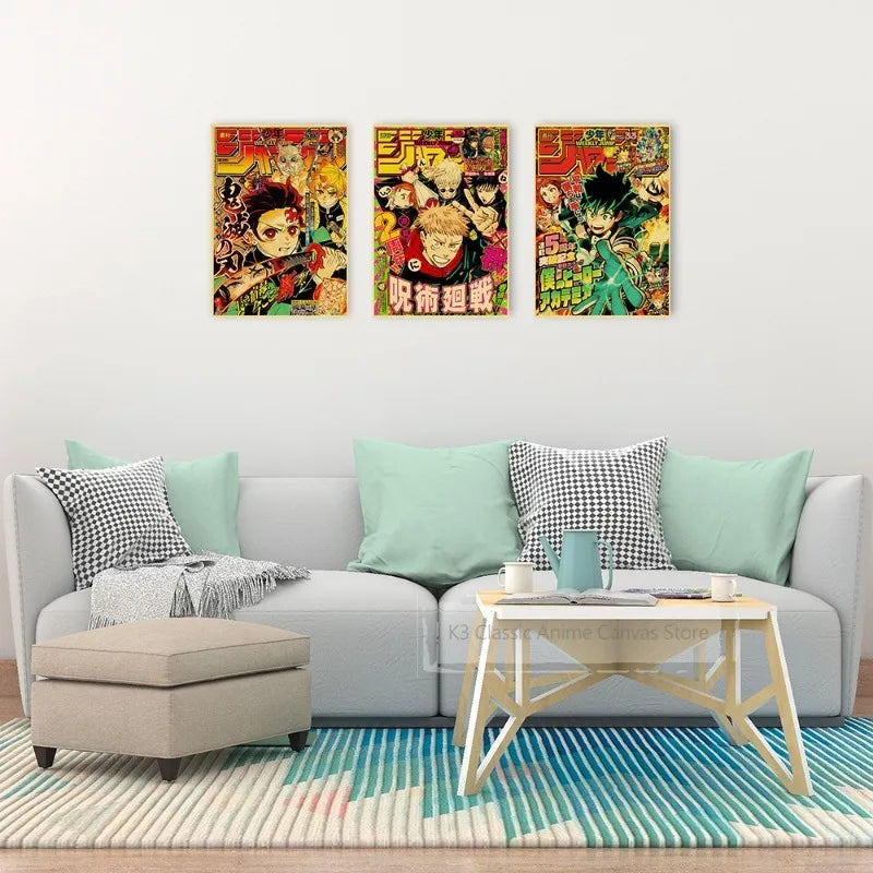 Three posters featuring characters from JoJo, Jujutsu Kaisen, and Demon Slayer anime series