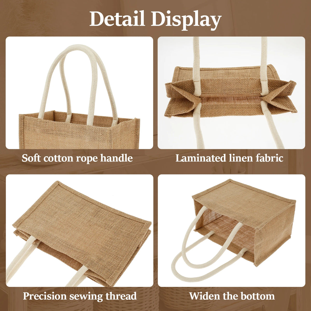 Detail display showing natural jute tote bags with cotton rope handles, laminated linen fabric, precision sewing thread, and 