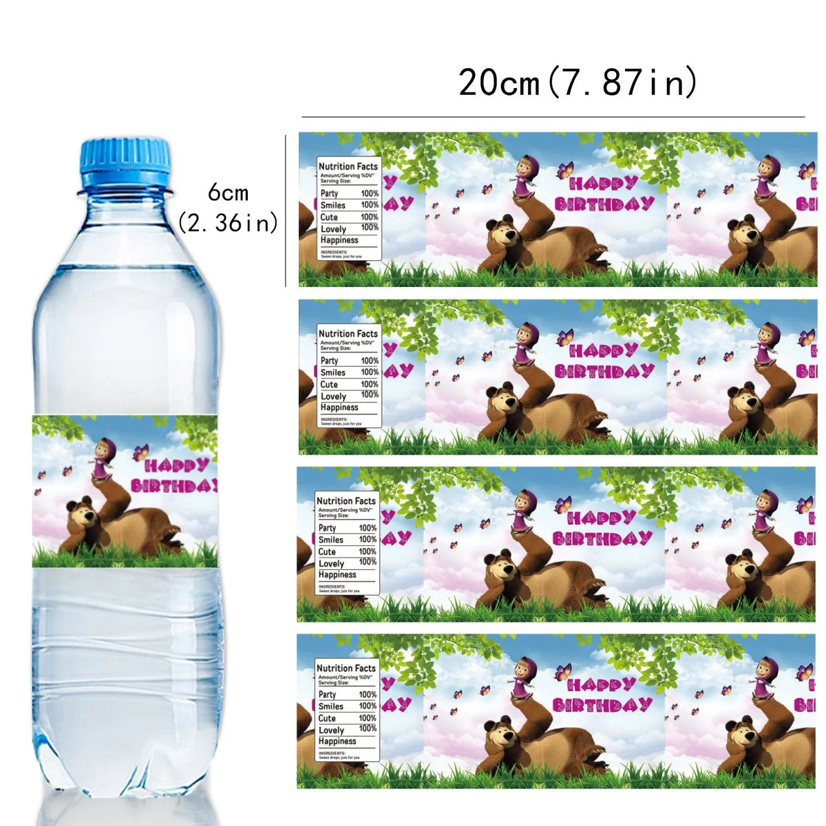 A clear water bottle decorated with a happy birthday theme featuring bears and greenery.