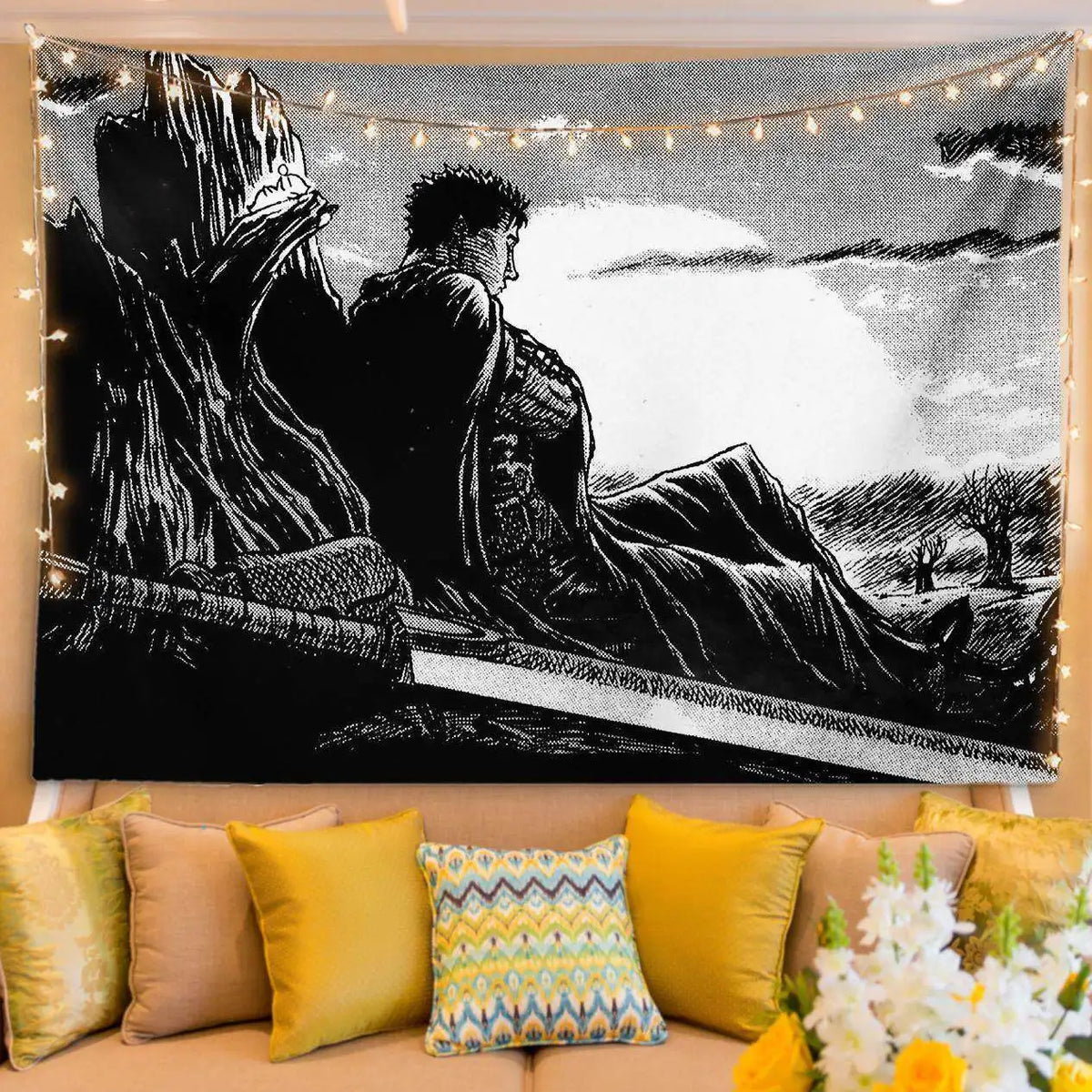 A black and white manga art tapestry featuring a dramatic figure in a cloak against a bright background.