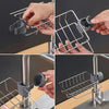 A faucet-mounted kitchen organizer with a sponge holder and drying rack is shown being used to organize dishware.