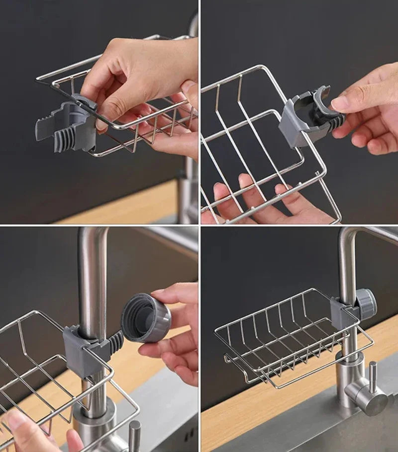 A faucet-mounted kitchen organizer with a sponge holder and drying rack is shown being used to organize dishware.