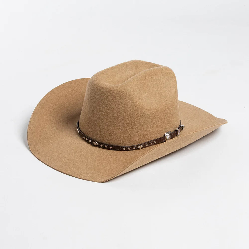 A tan wool cowboy hat with a studded leather band shown from above.