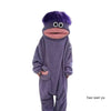 A purple coral fleece hooded sleepsuit resembling a monster with large eyes and a pink mouth.