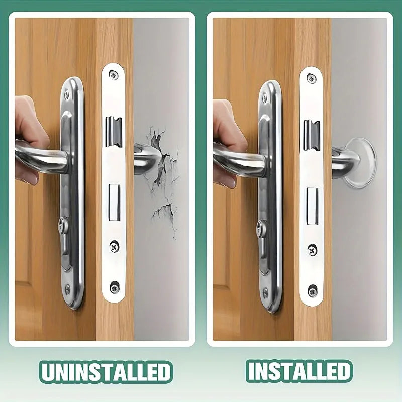 Comparison of an uninstalled and installed self-adhesive silicone door stopper bumper on a wooden door.