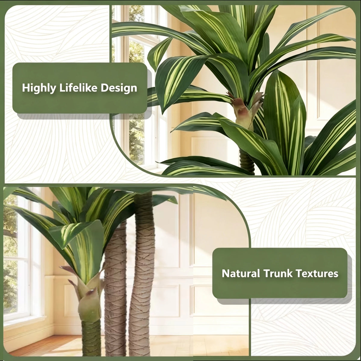 A highly lifelike artificial Dracaena tree showing lush green leaves and natural textured brown trunks.