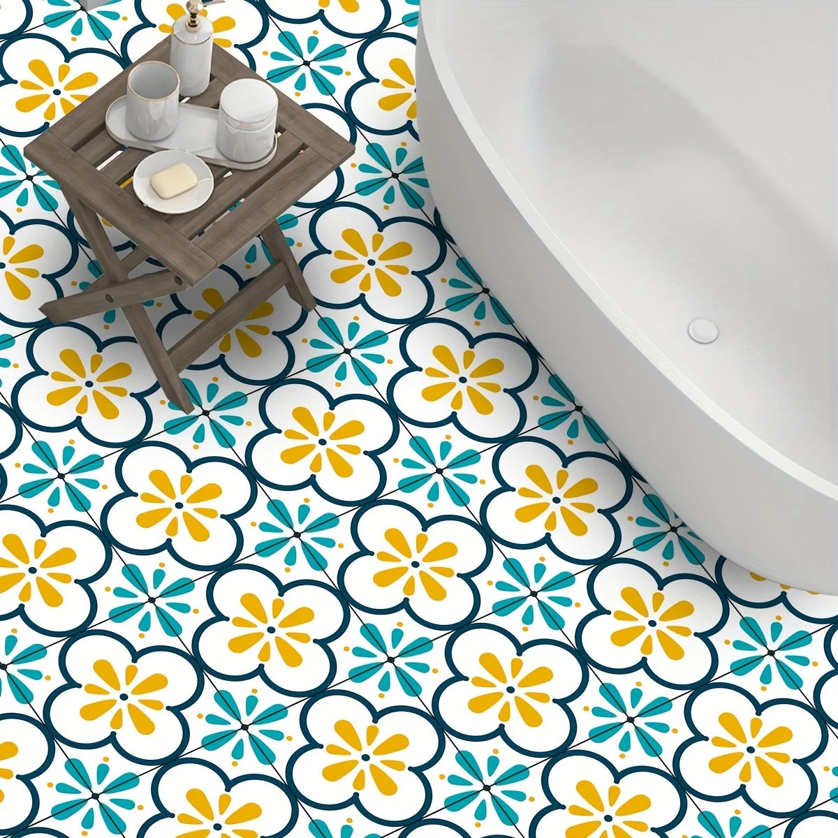 A patterned floor featuring white, yellow, and teal floral designs with a wooden tray and soap on the ground.