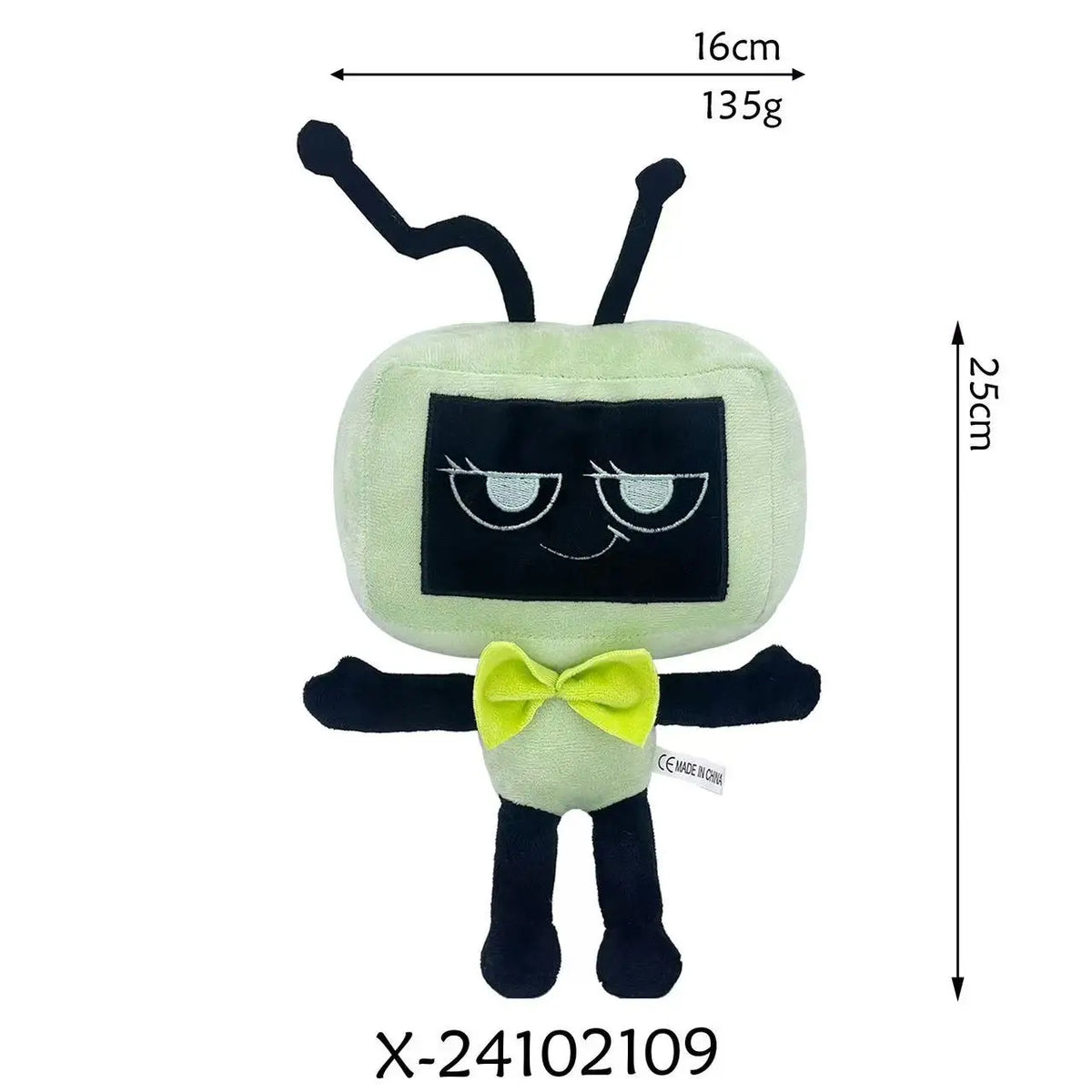 A cute black and light green plush toy resembling a box with stick antennae.