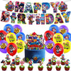 A collection of colorful acrylic cake toppers featuring various characters and designs for a happy birthday celebration.