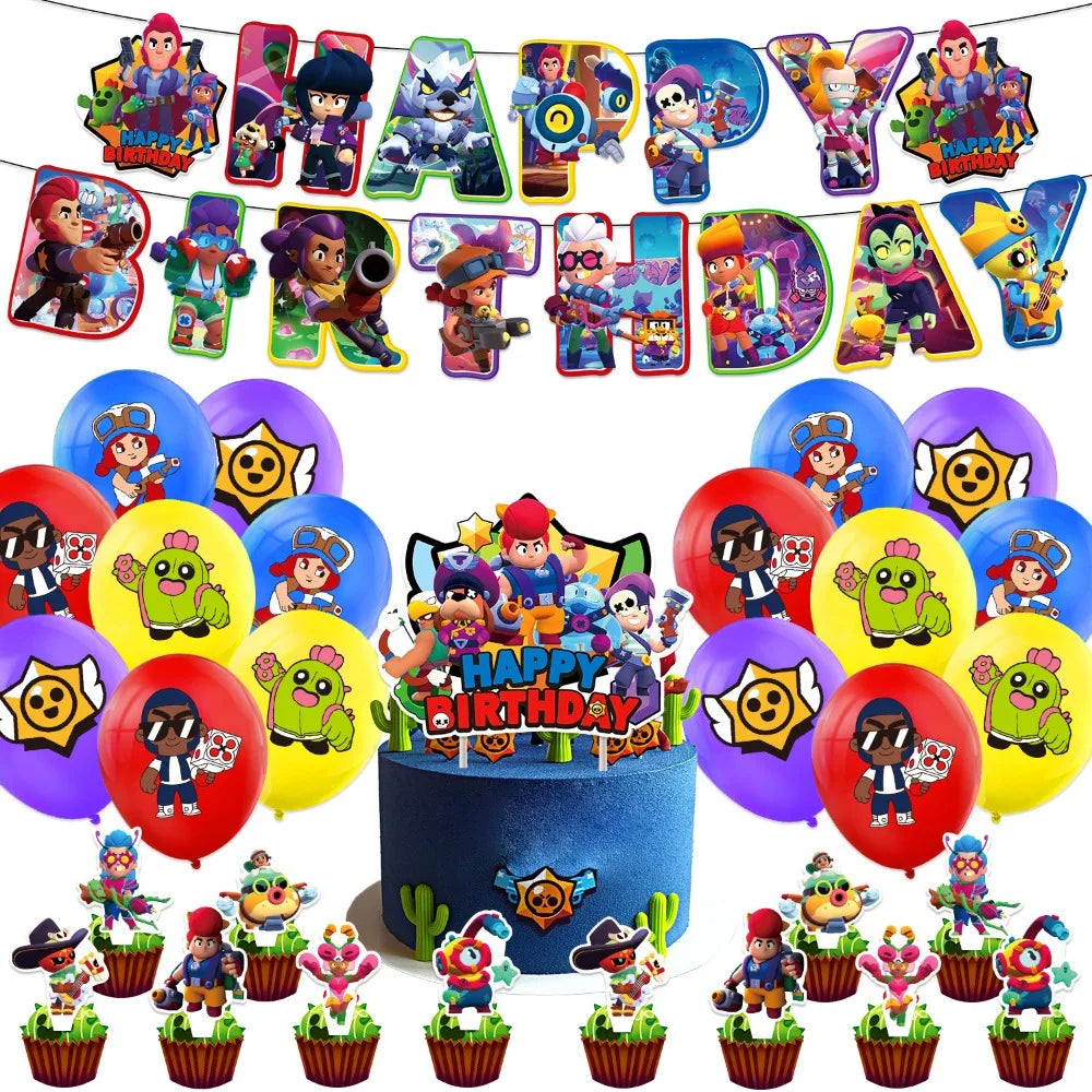 A collection of colorful acrylic cake toppers featuring various characters and designs for a happy birthday celebration.