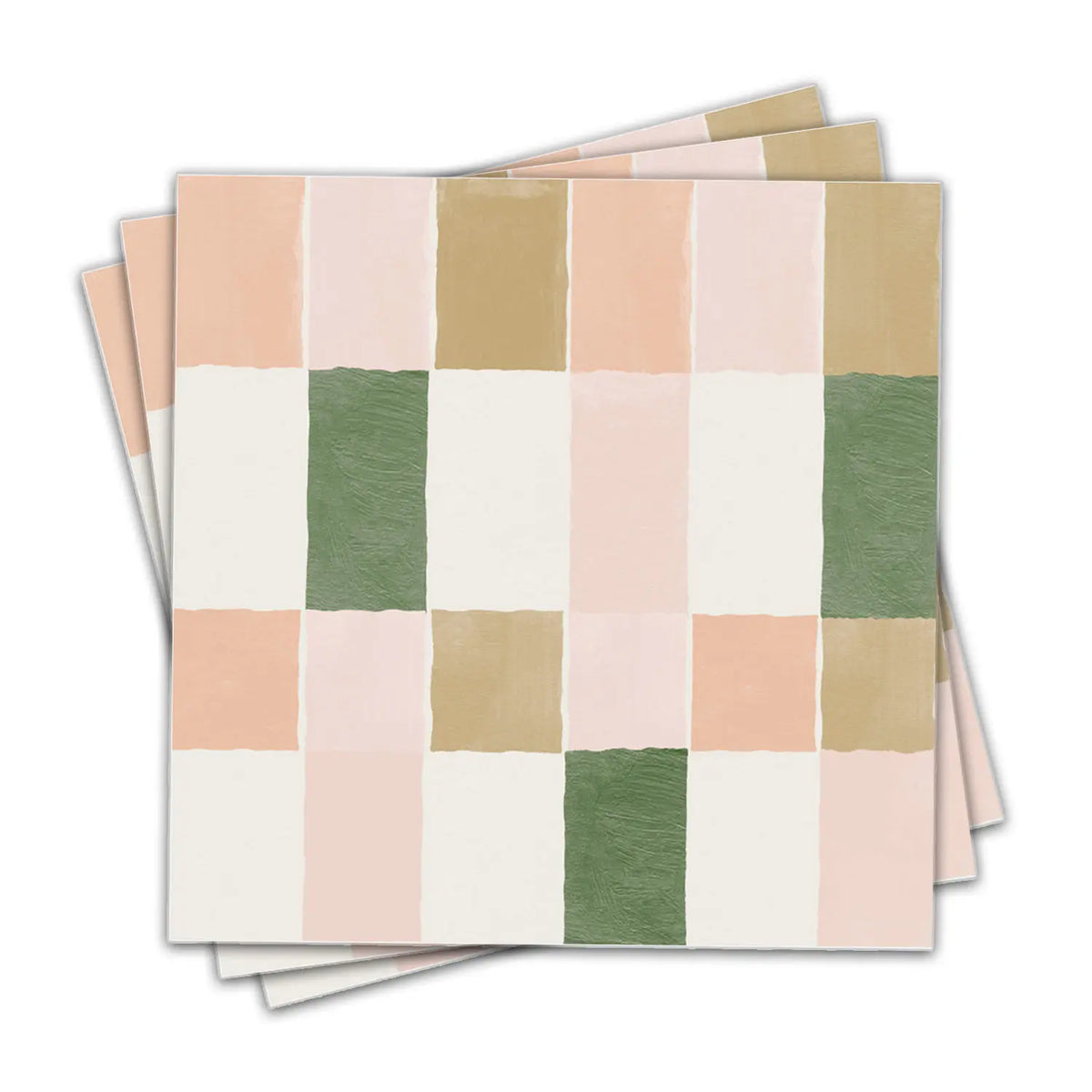 A stack of retro pink and green peel-and-stick vinyl tile backsplash squares.