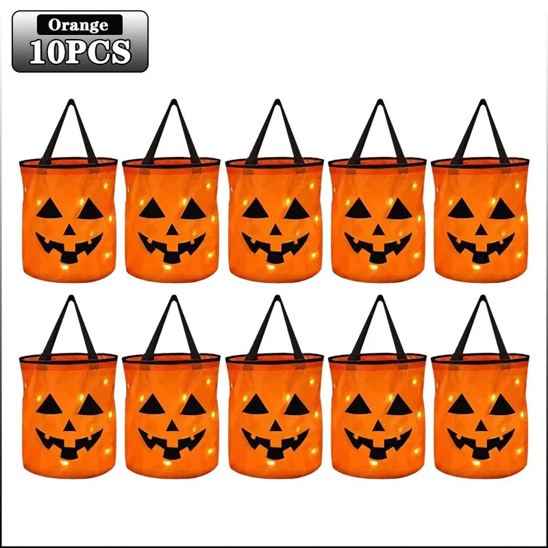 Ten orange Halloween pumpkin tote bags with light-up handles.