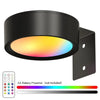 Black LED picture light with a colored lens and magnetic mount, showing an AA battery power source.