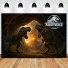 A dramatic painting of two large dinosaurs facing each other in a jungle setting.