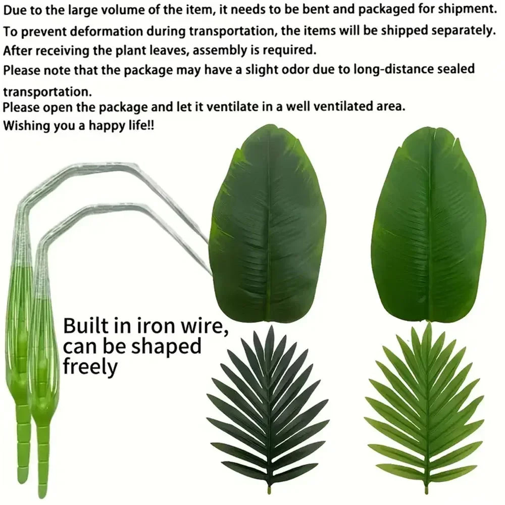 Artificial monstera palm tree leaves and stem, designed to be bent and packaged for shipment.