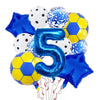 A set of blue and yellow football shaped helium foil balloons with the number five for a birthday party