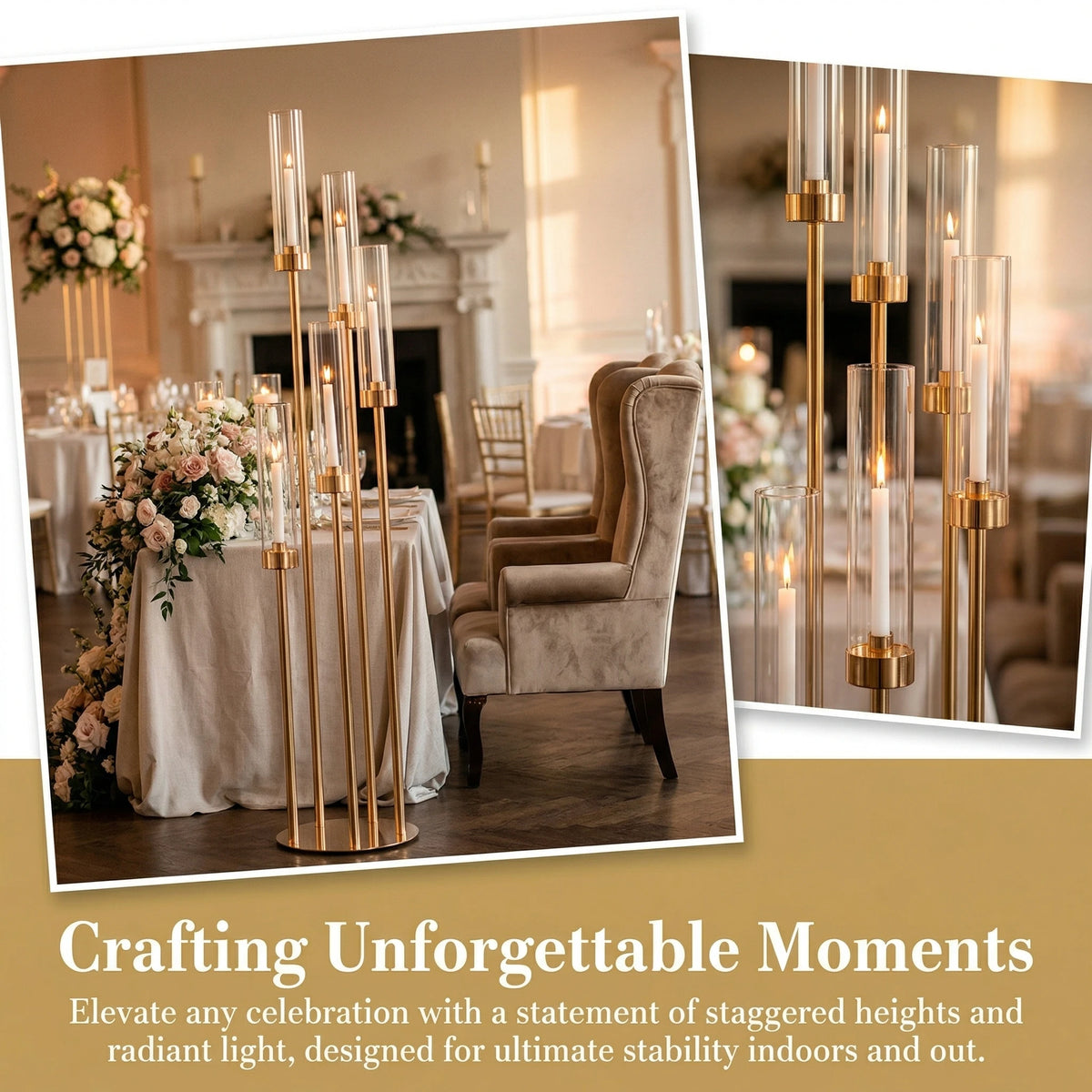 Elegant gold LED candle holders with staggered heights used for indoor and outdoor table decor.