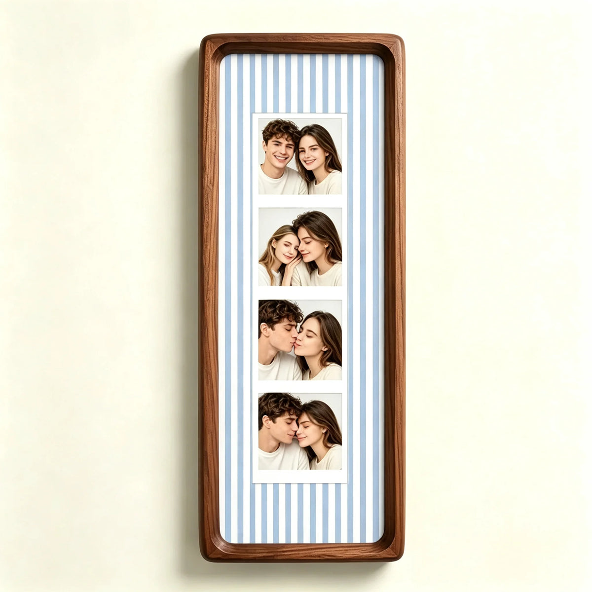 A vertical photo strip frame with a walnut wood border and blue and white striped background featuring multiple portrait phot