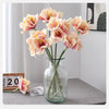 A vase of artificial Clivia Amaryllis flowers in soft peach and cream tones on a gray surface.