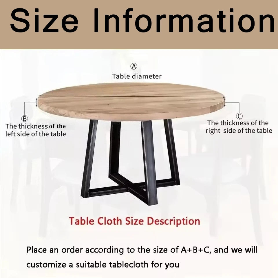Diagram showing measurements for a round table, including table diameter, thickness of the sides, and instructions for custom