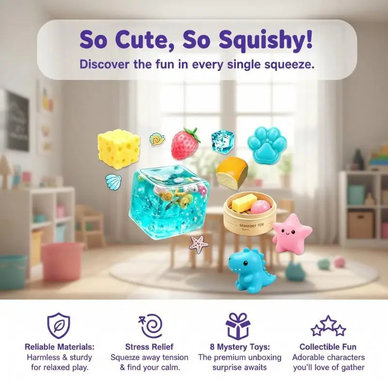 A set of colorful squishy squeeze stress relief sensory toys including a clear blue ice cube and a pink star.