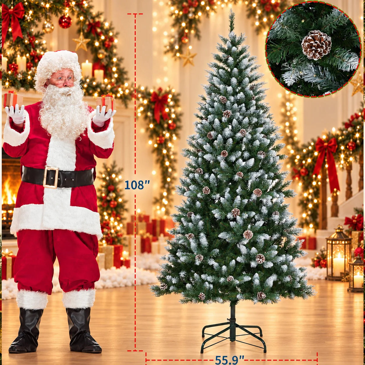 A flocked artificial Christmas tree decorated with warm white LED lights standing next to a Santa figure.