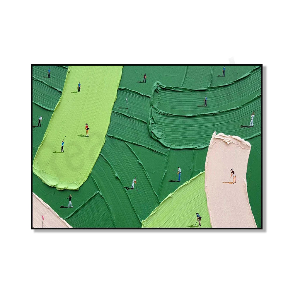 Abstract golf scene canvas art featuring green and pink textured landscape with small figures.