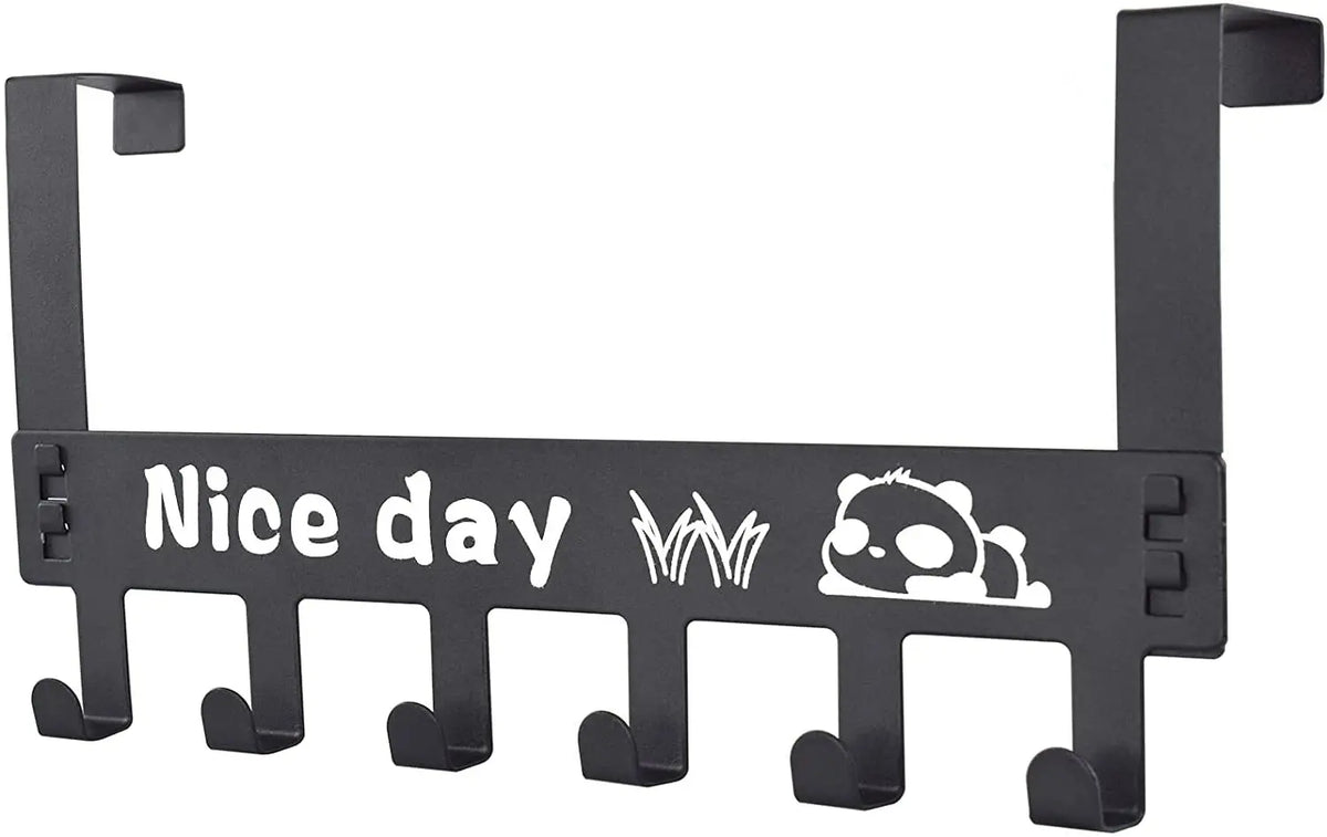 Black metal wall-mounted key holder with seven hooks featuring a nice day and panda design.
