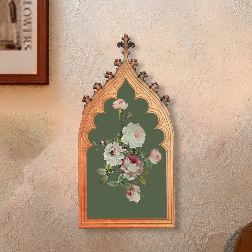 Vintage Gothic Church Window Wooden Wall Plaque - Antique Rose Finish